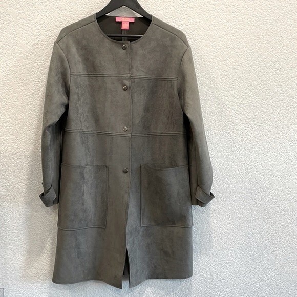 Catherine Malandrino Gray Faux Suede Leather Button Up Duster Jacket Size Medium - Picture 1 of 10